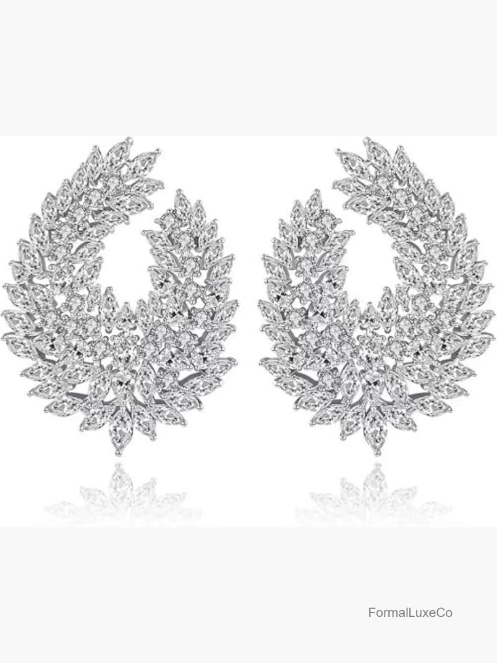 Dangle Drop Big Leaf Earrings, Cubic Zirconia, Silver Plated, Wedding Party